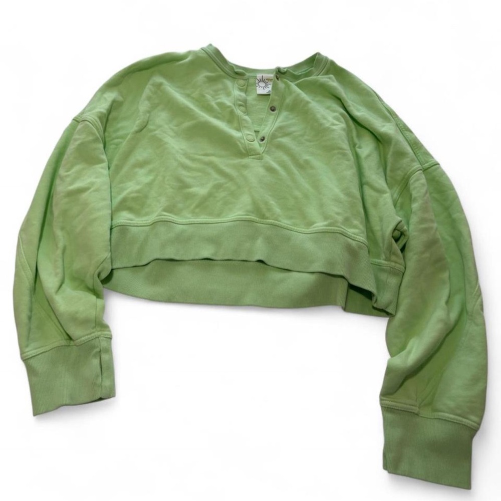 Cropped Green Henley Sweatshirt - Women's Casual Top